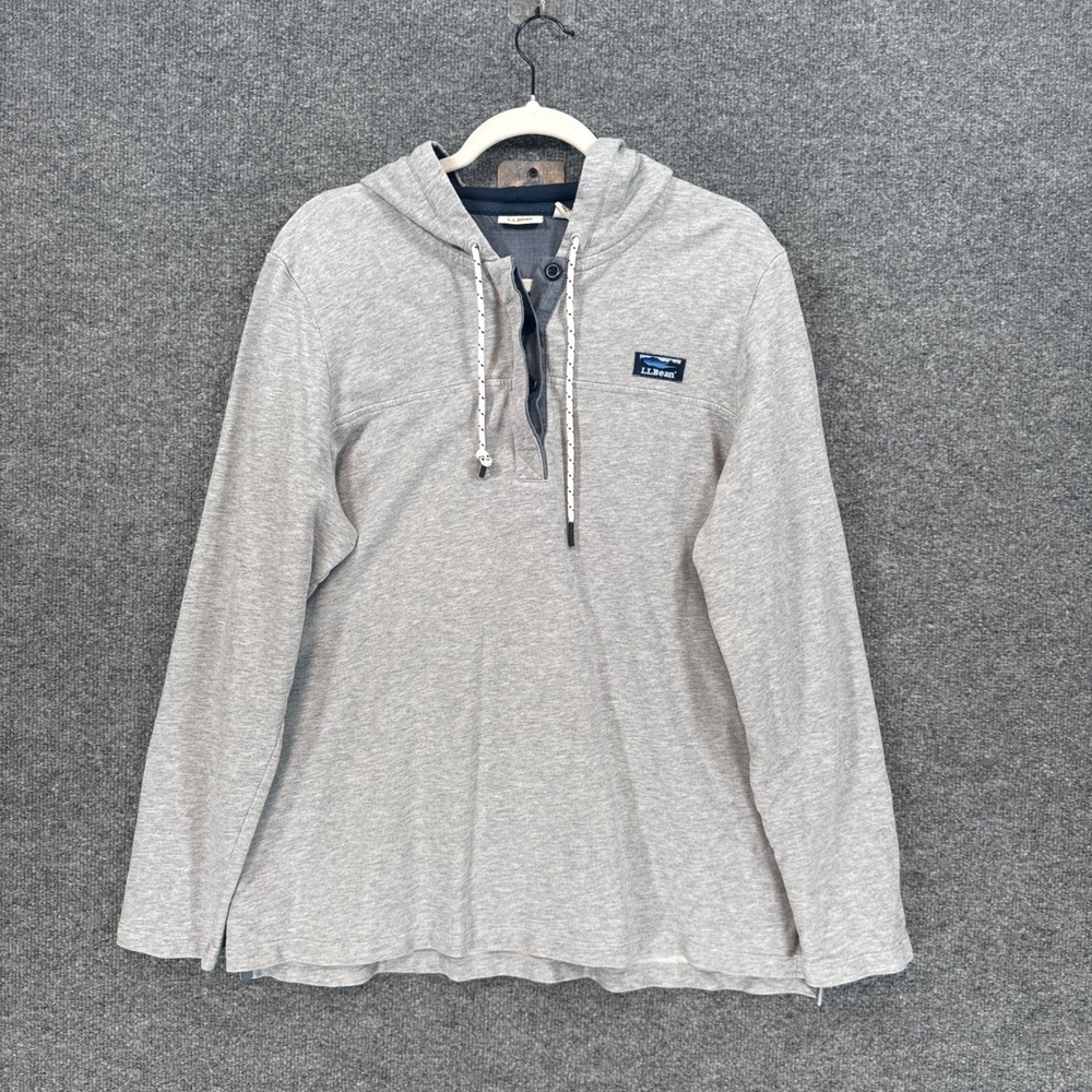 L.L Bean Henley Hoodie Mens XL Gray Cotton French Terry Pullover Sweatshirt